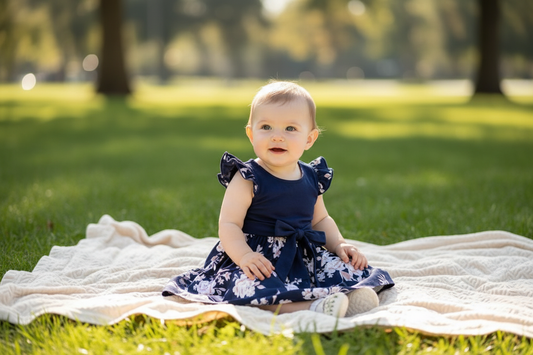 Baby girl navy floral ruffle cap sleeve dress family matching outfit bow sash