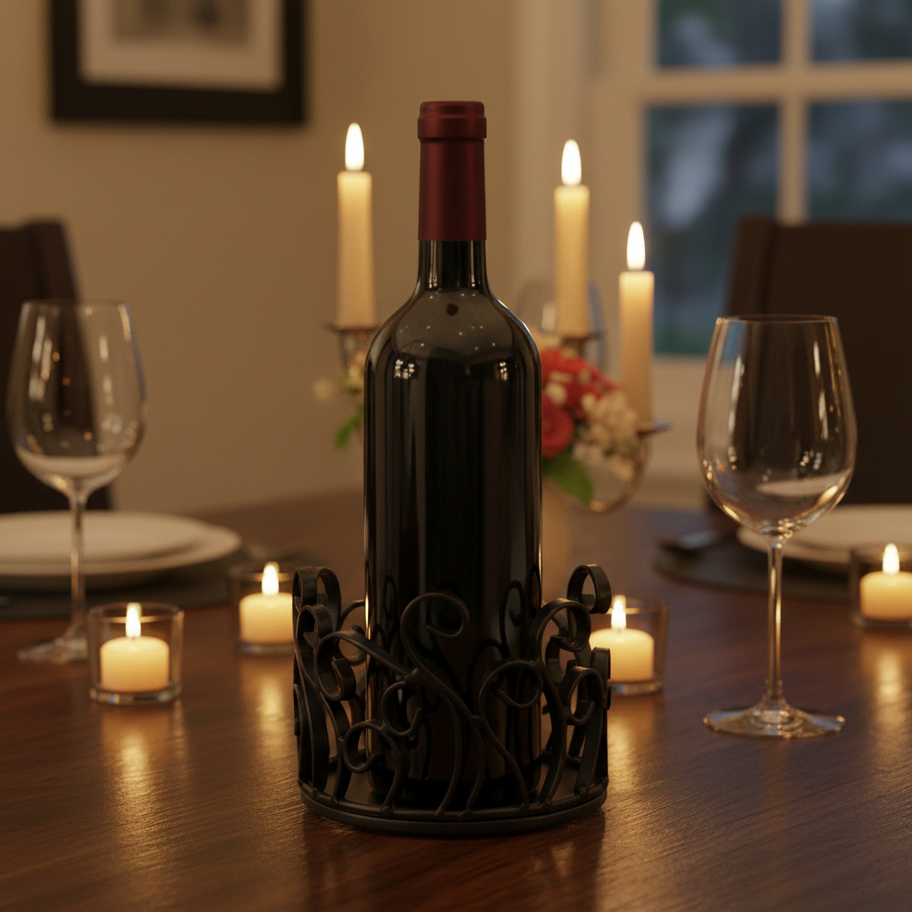 Black metal scrollwork wine bottle coaster with wine bottle standing upright on dark wood dining table, decorative bottle base for entertaining
