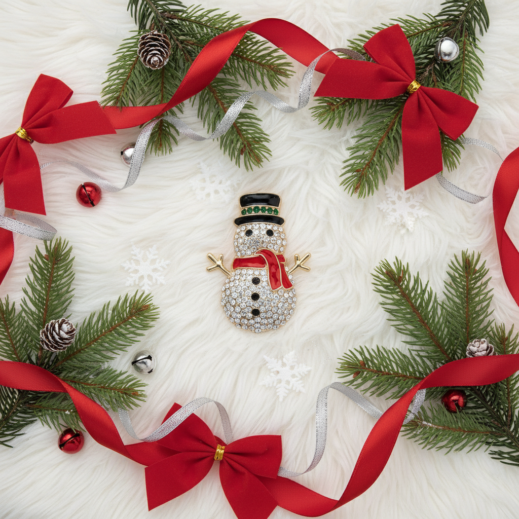 Festive rhinestone snowman brooch arranged in holiday flat lay with pine branches, red ribbons, and winter seasonal decor