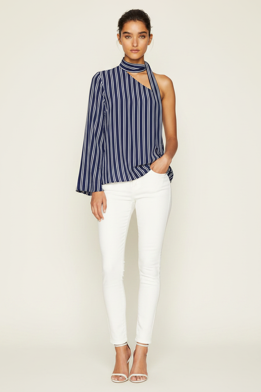 Navy stripe one-shoulder blouse front hero – BB Dakota asymmetric choker neck blouse styled with white pants