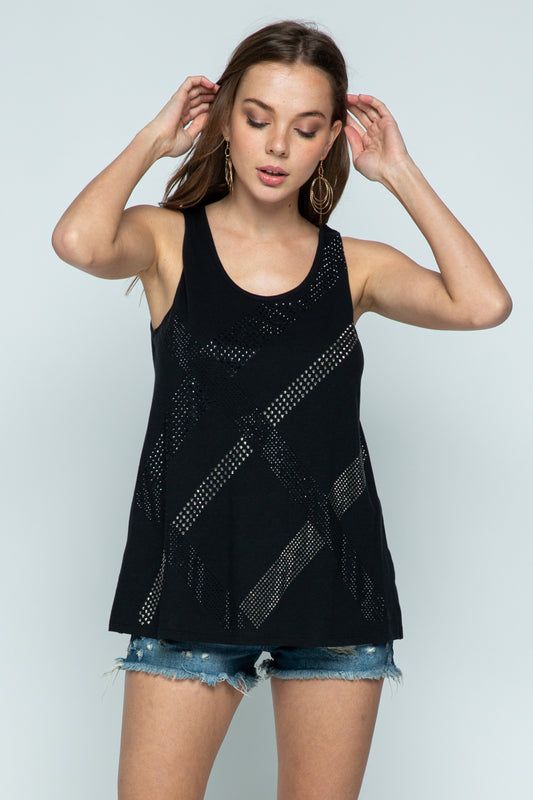 Sleeveless Top with Rhinestone Design Black