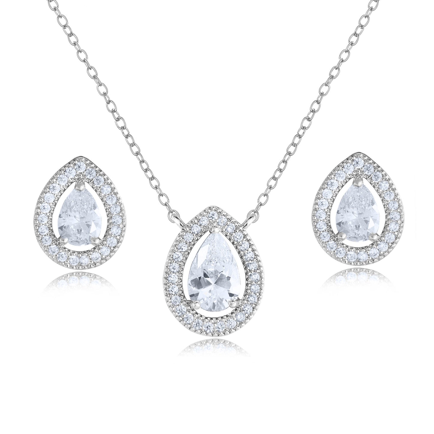 Cubic Zirconia Teardrop Halo Necklace Set