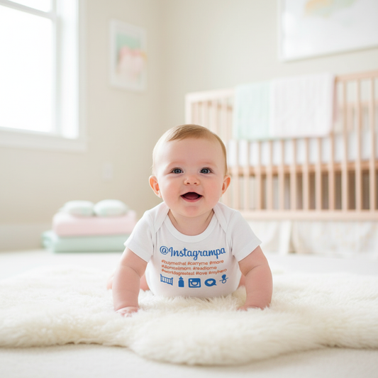 Baby wearing white Instagrampa onesie in bright, airy nursery with natural light