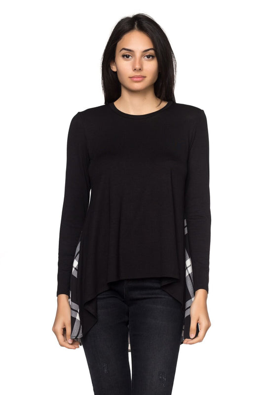 Black Plaid Contrast High-Low Top