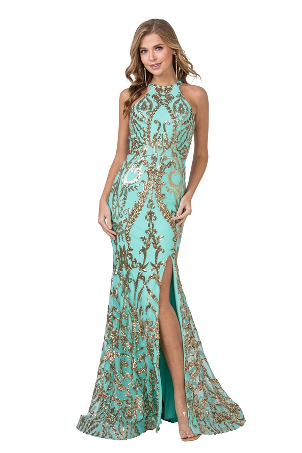 Halter Gown w/Gold Appliqu & Slit Mint or Blush | Formal Open Back Dress Mint / XL Halter Gown w/Gold Appliqu & Slit Mint or Blush | Formal Open Back Dress Mint / XL