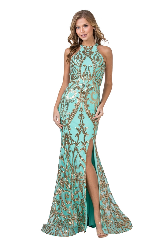 Halter Top Cut-Out Back Gold Sequin Applique Gown