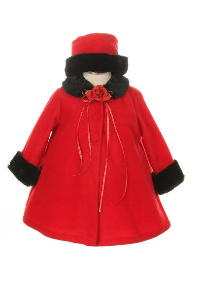 Red fleece baby coat with black faux fur trim and matching hat