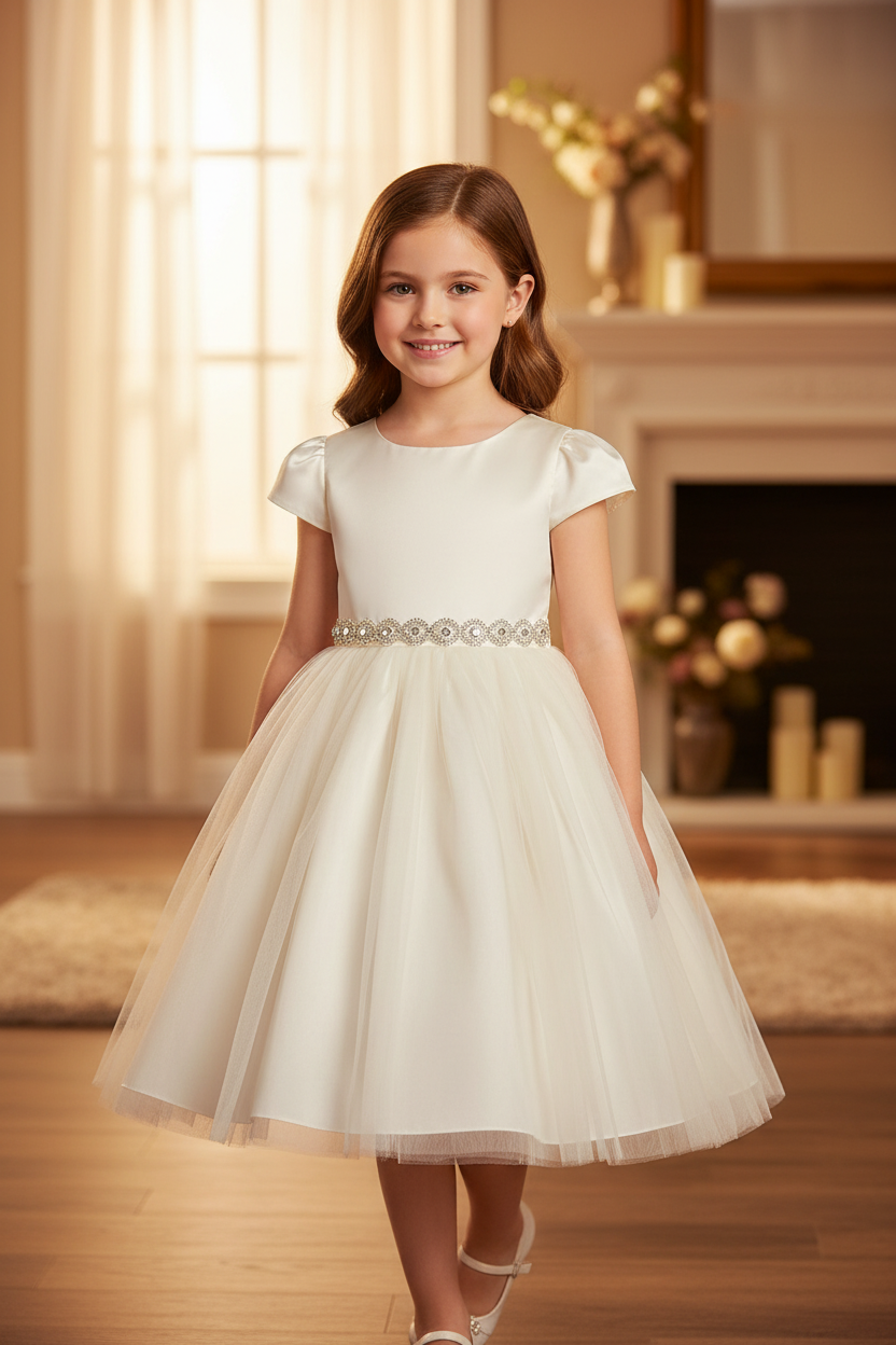 Ivory satin dress with rhinestone waist belt lifestyle photo