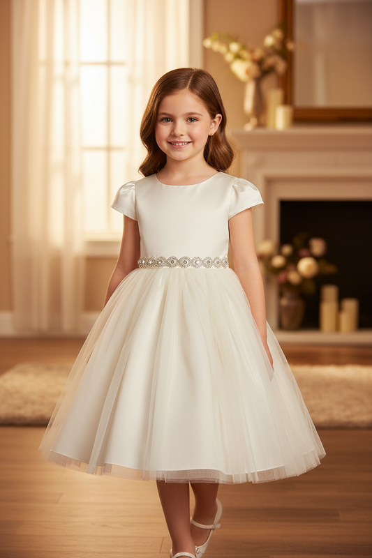 Ivory satin dress with rhinestone waist belt lifestyle photo