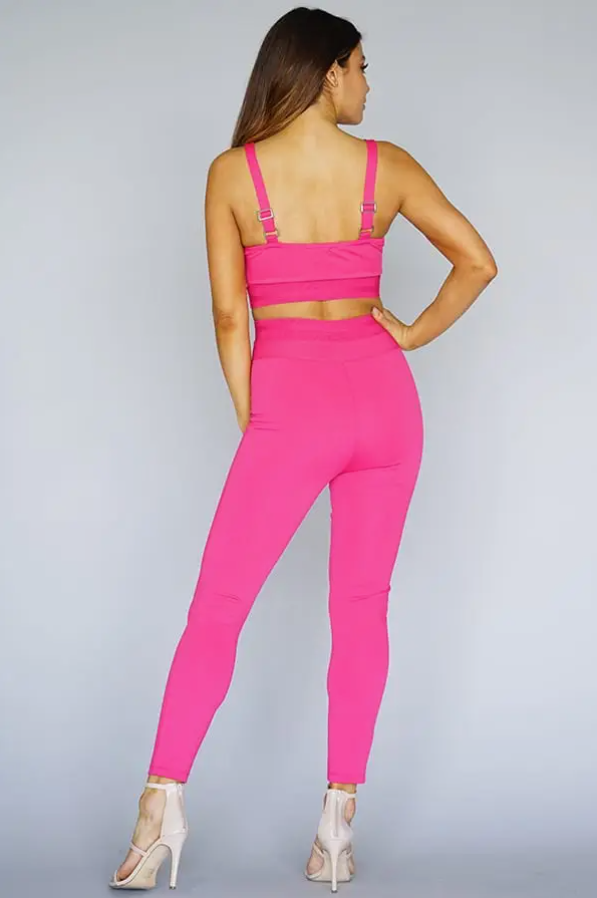 Cut Out Crop w/High Waist Elastic Band Set Hot Pink