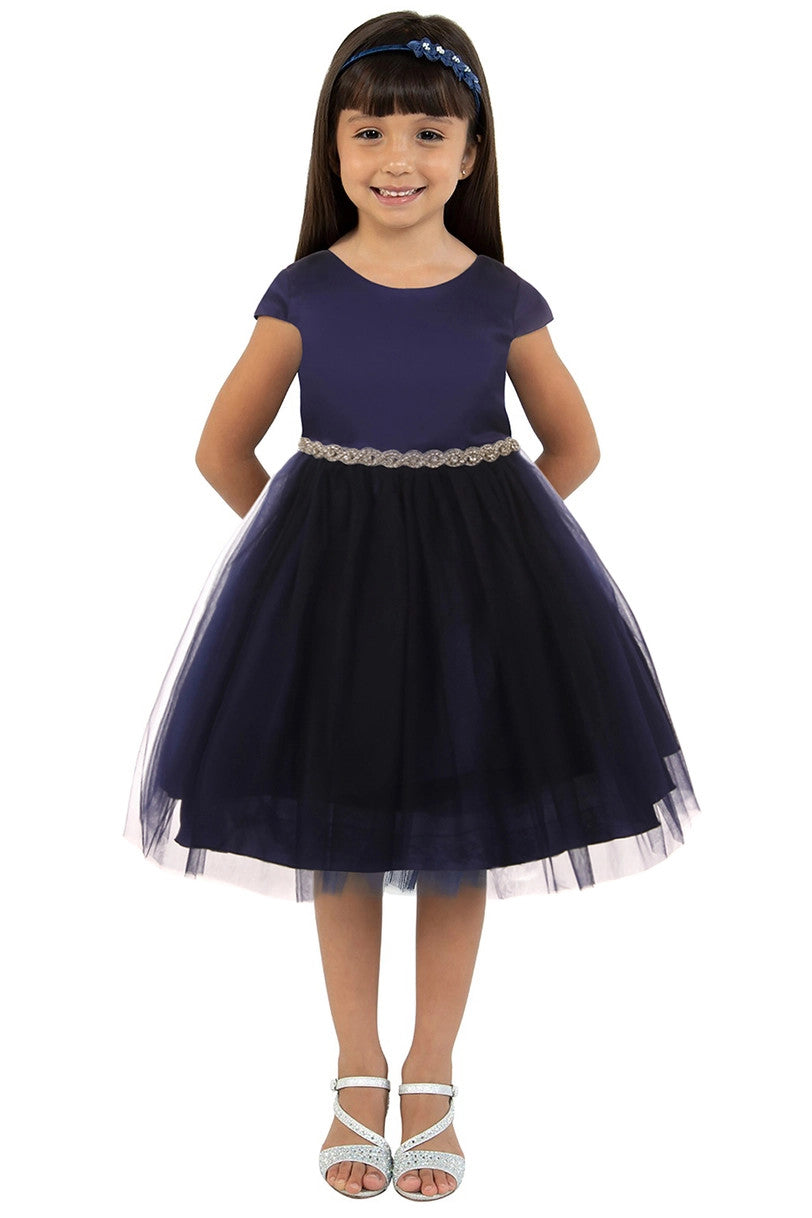 Girls navy blue satin and tulle dress with rhinestone waist belt - full length front view