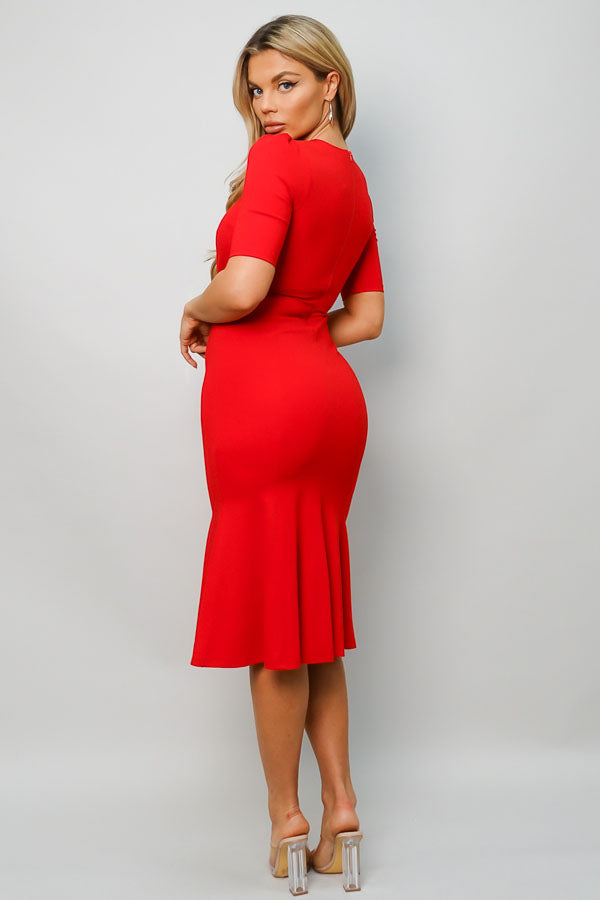 1/2 Sleeve Cinched Waist Trumpet Midi Dress Red