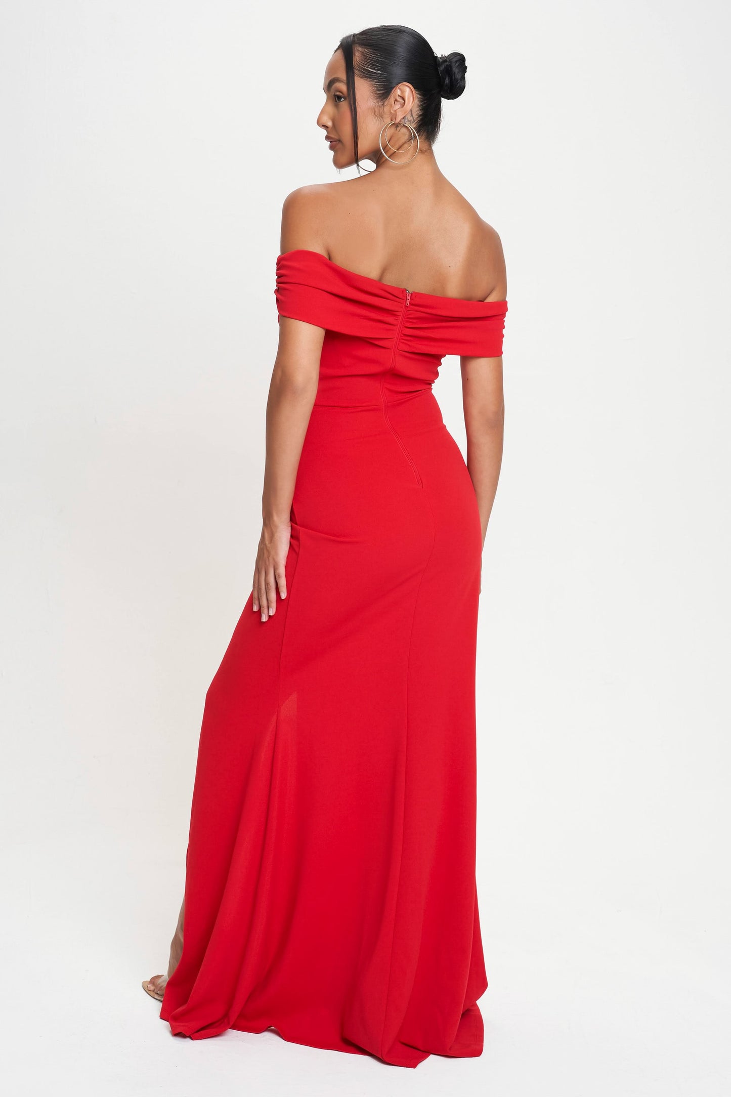Red Off-Shoulder Ruched Maxi Dress