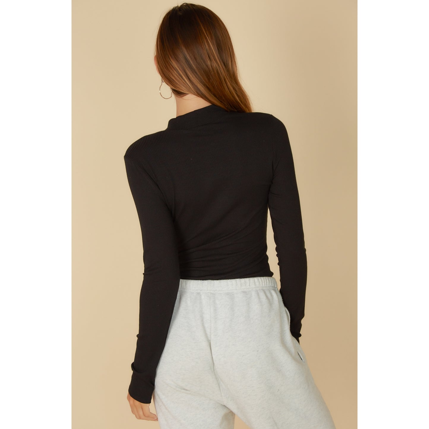 Deep V Choker Neck Long Sleeve Ribbed Bodysuit – Black