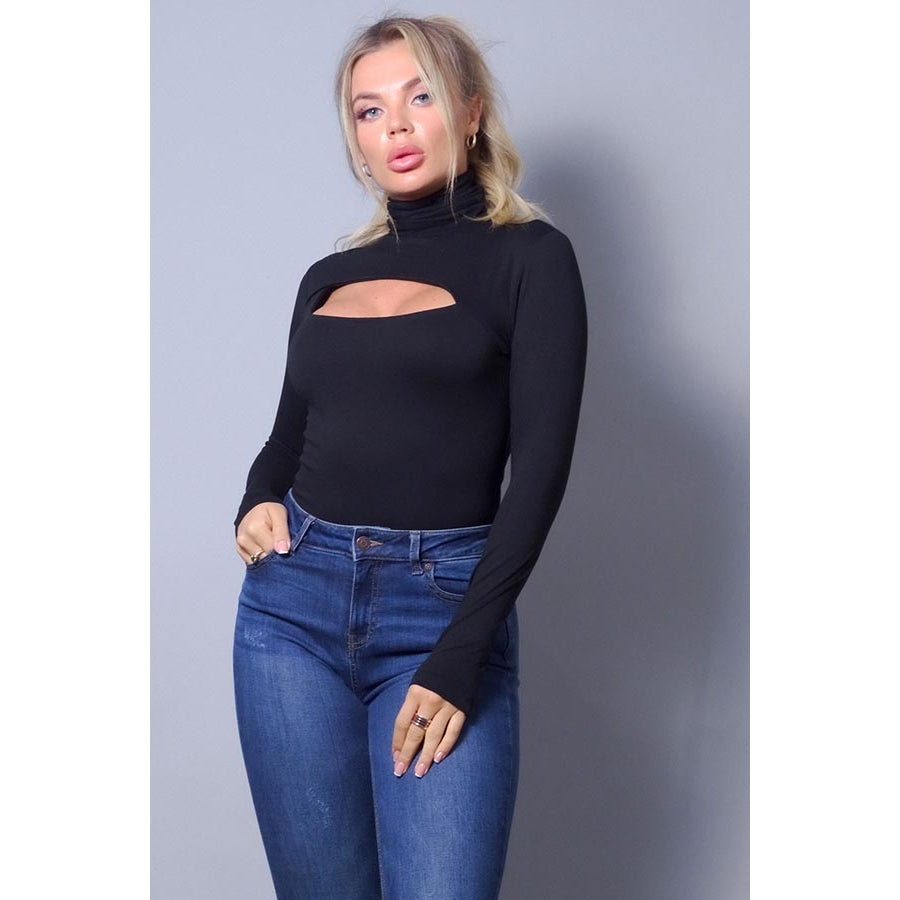 Sexy Long Sleeve Front Cutout Bodysuit Black