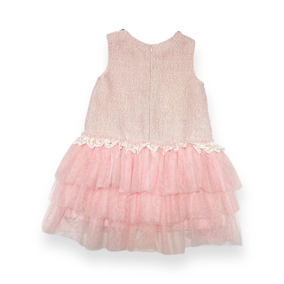 Back view of Girls' pink tweed sleeveless dress with pearl and rhinestone collar neckline and tiered glitter tulle skirt on white background