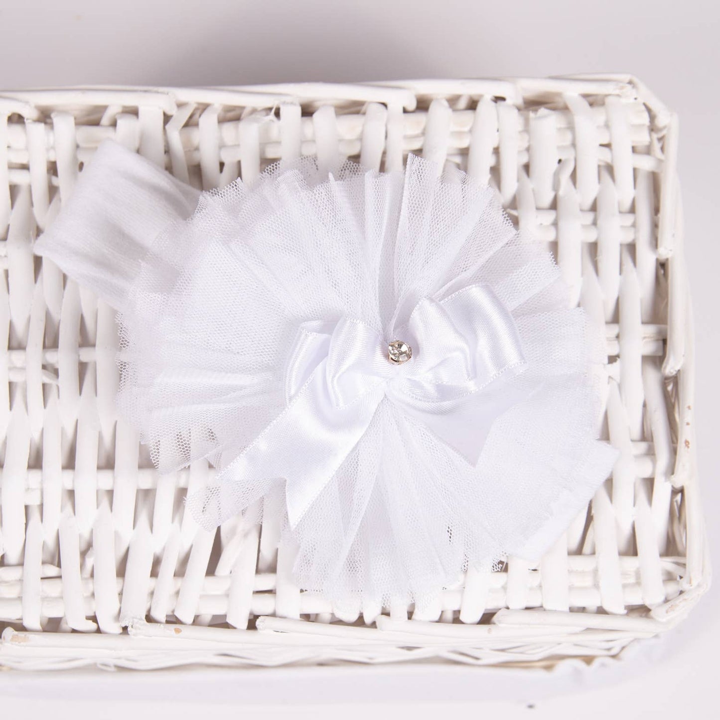 White Baby Headband with Satin and Tulle Bow – Rhinestone Accent (0–12 Months)