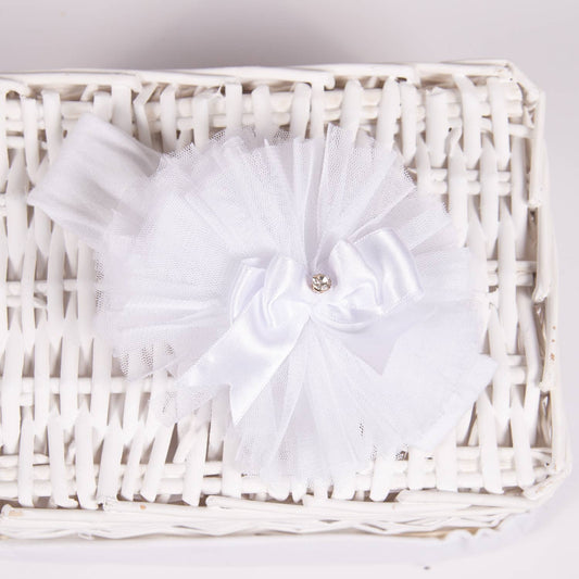 White Baby Headband with Satin and Tulle Bow – Rhinestone Accent (0–12 Months)