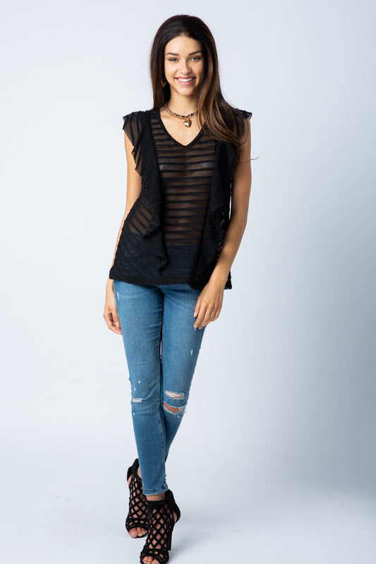 Black Mesh Stripe Ruffled V-Neck Top