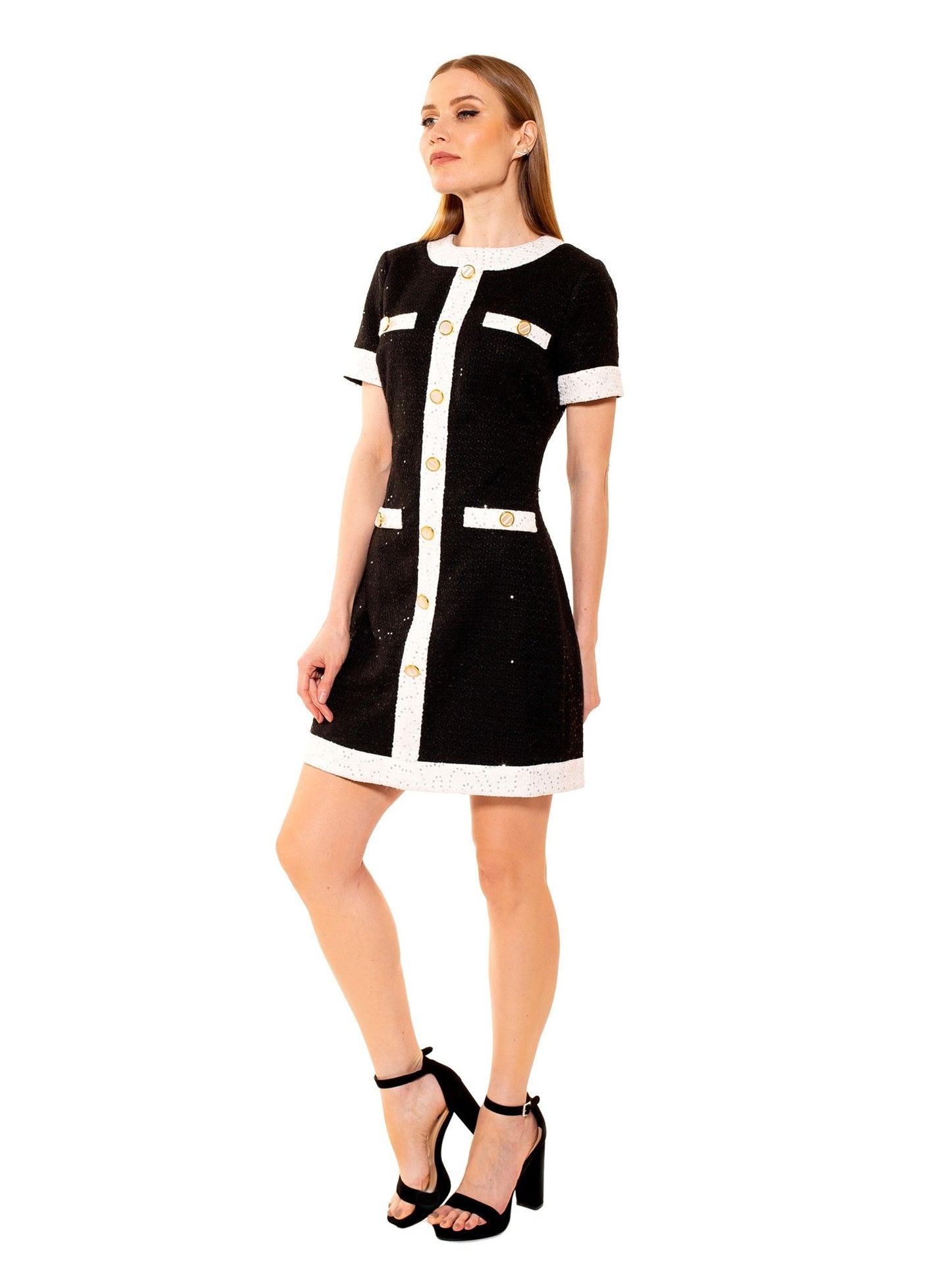 White/Black Sequin Tweed Shift Dress