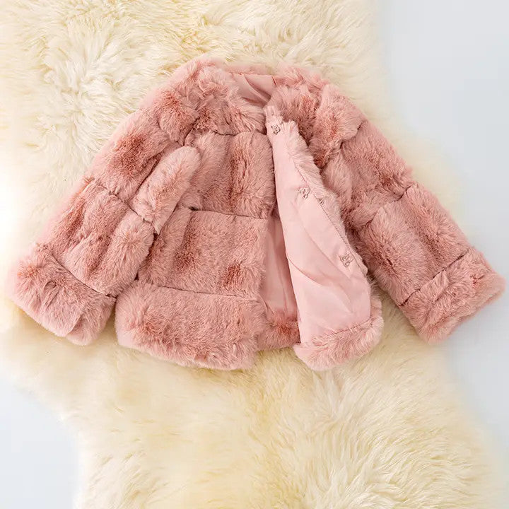 Blush pink faux fur jacket for girls with soft cozy texture and eye hook closures