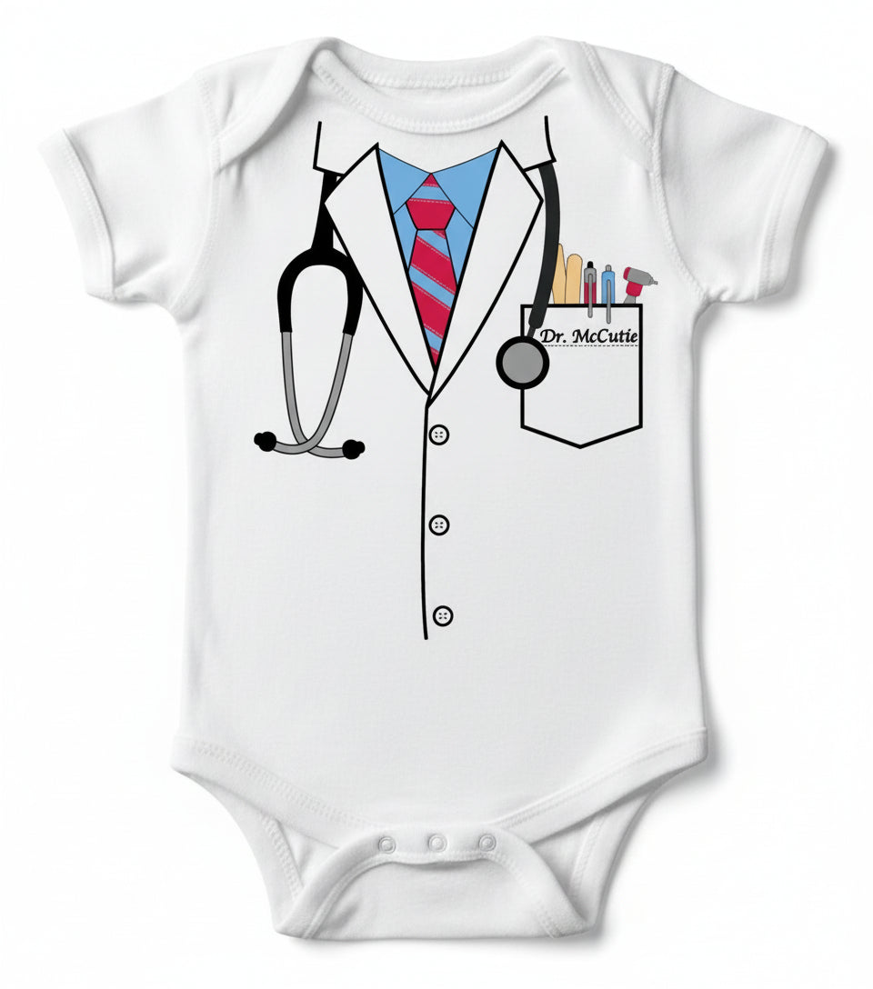 White baby onesie with doctor costume print featuring lab coat, stethoscope, red striped tie and personalized name tag pocket