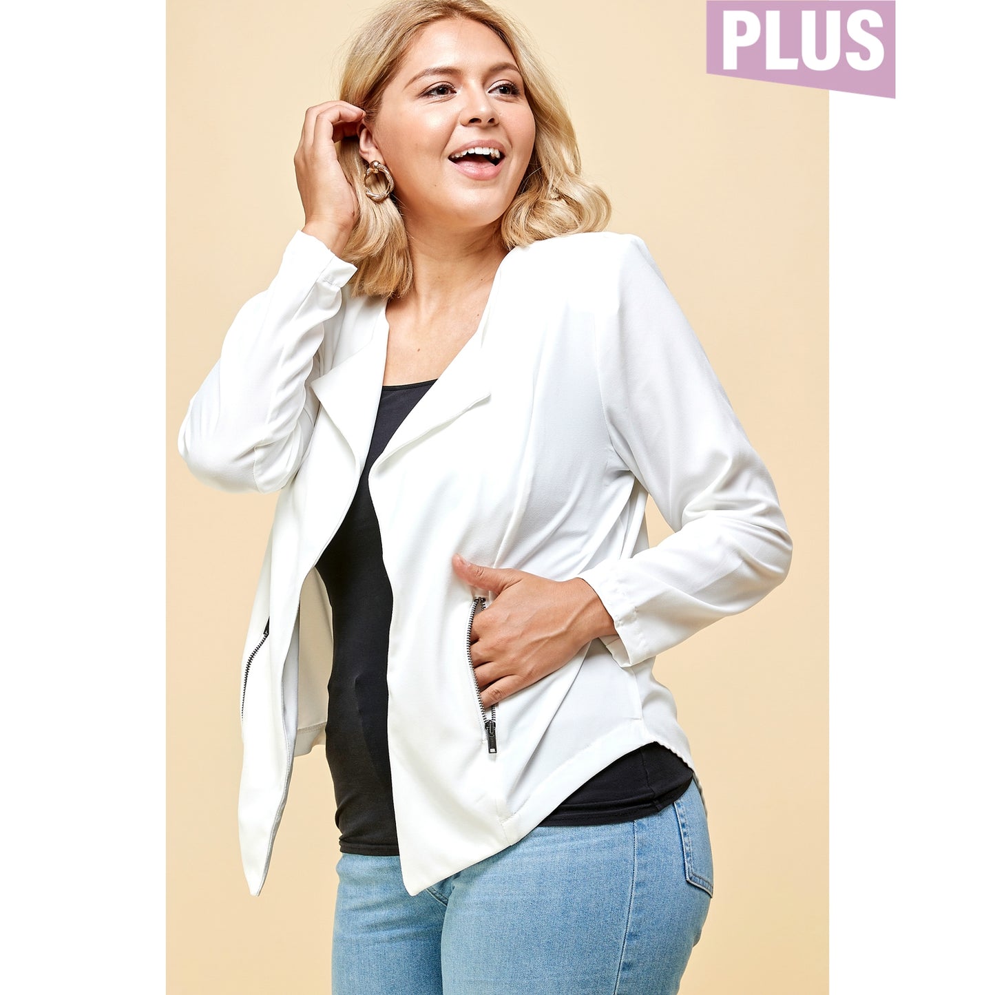 Open Front Draped Jacket - White PLUS