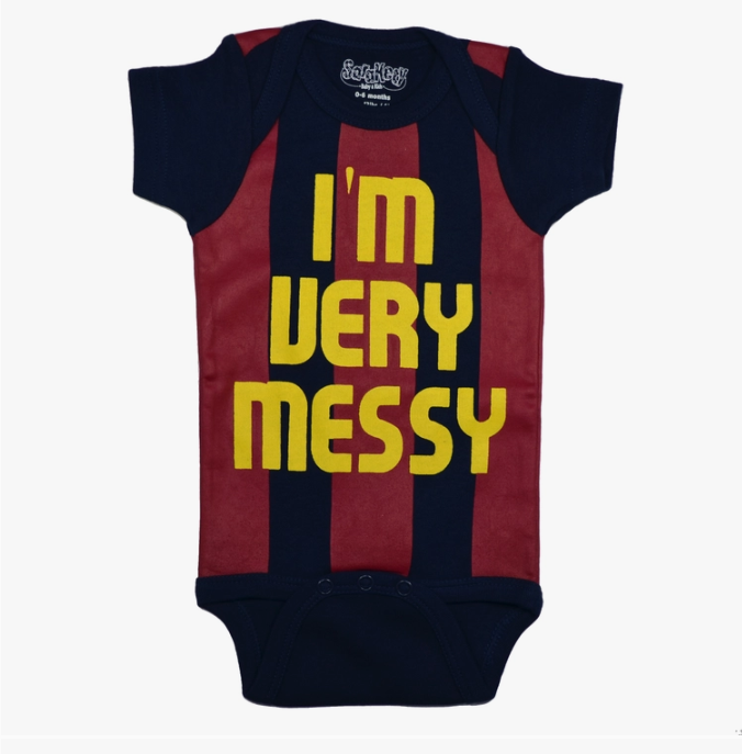 Navy baby onesie designed like soccer jersey with I'm Very Messy text - 6-12 months