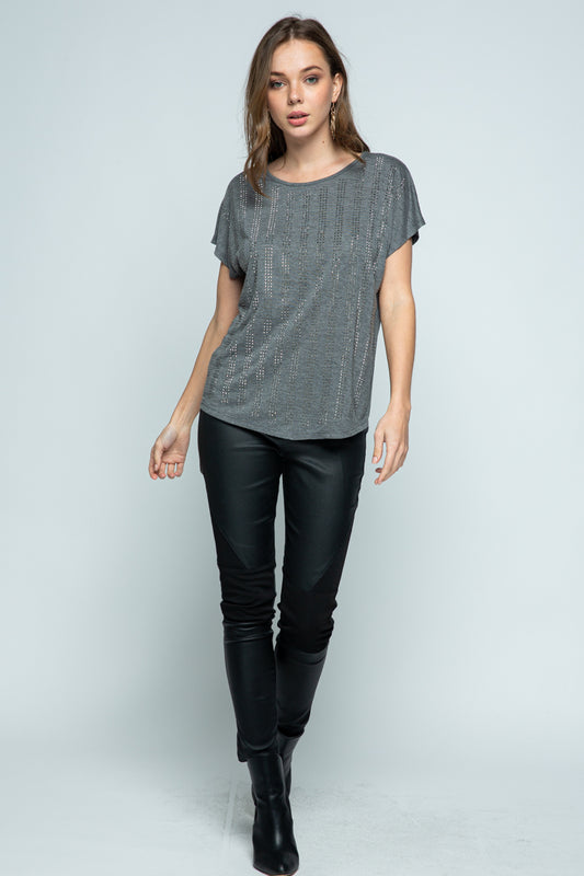 Short Sleeve Charcoal Top w/Stones