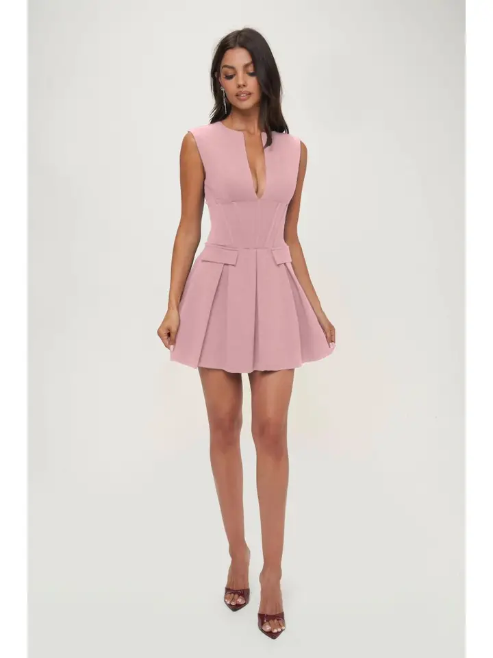 Blush Pink Mini Dress Deep V Cocktail & Wedding Guest Dress S Blush Pink Mini Dress Deep V Cocktail & Wedding Guest Dress S