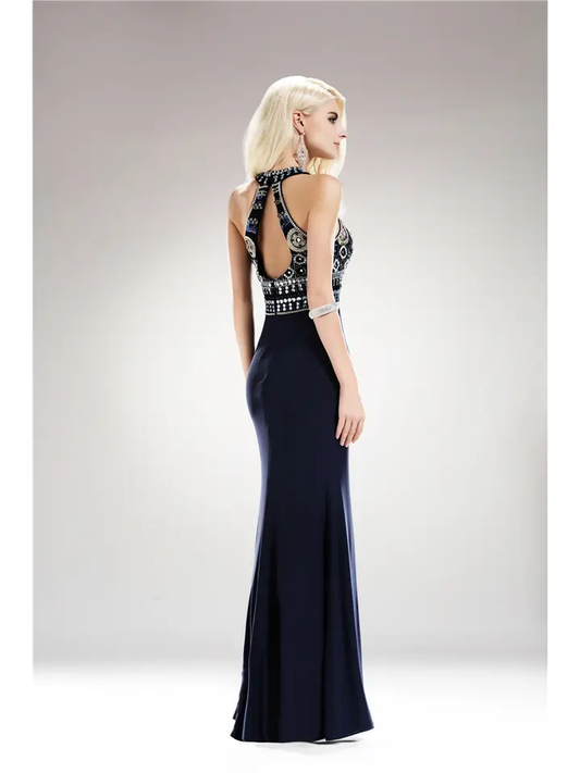 Black beaded halter gown with rhinestone embellishments - open back formal dress - prom gown