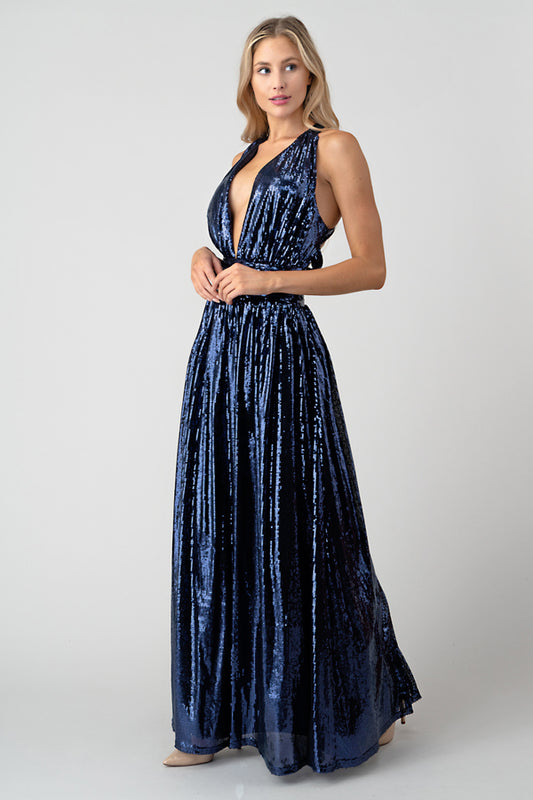 Navy Plunge Sequin Gown