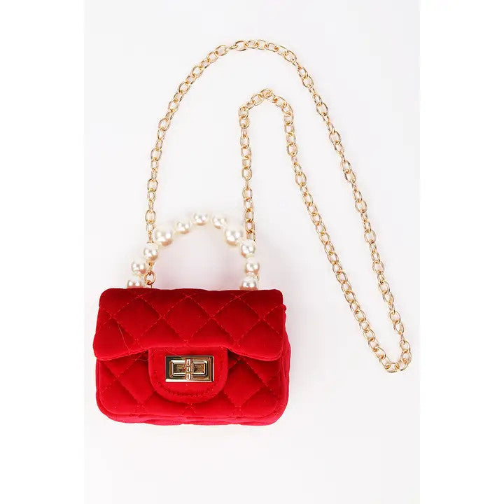 Girls' Mini Quilted Velvet Bag w/Pearl Handle and Gold Chain
