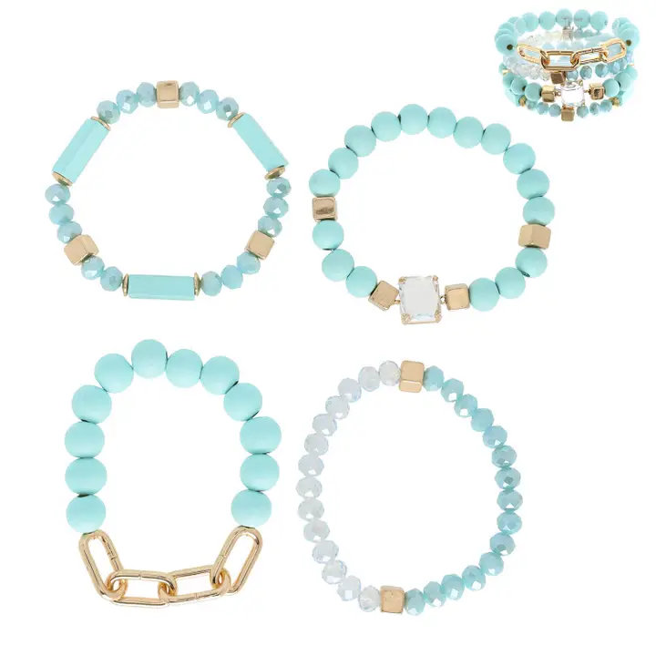 4 Pack Gold Accent Bohemian Layering Beaded Bracelet Set - Mint