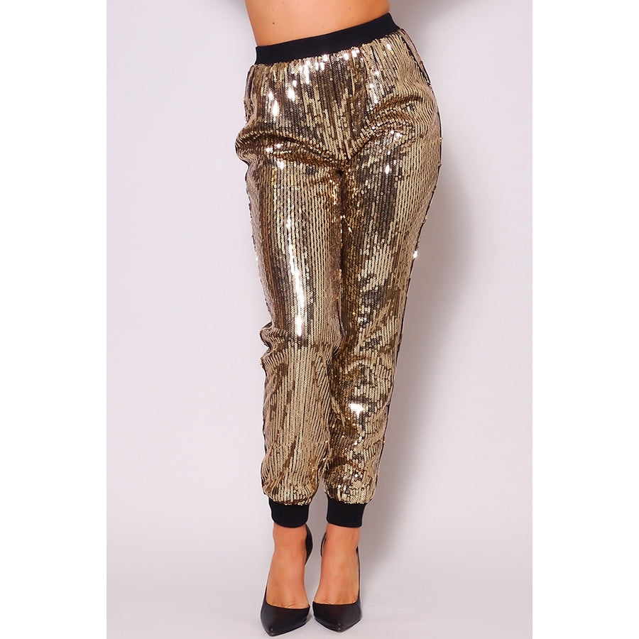 Gold Sequin Jogger Pants Glam Party & Holiday Look
