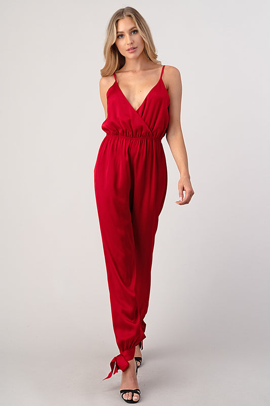 Deep V Ankle Tie Red Satin Jumpsuit