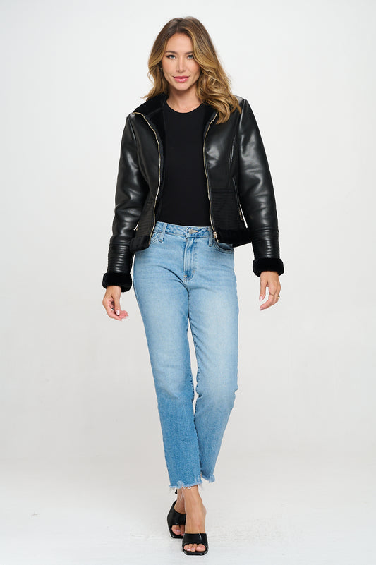 Vegan Leather Faux Fur Bonded Aviator Jkt - Black