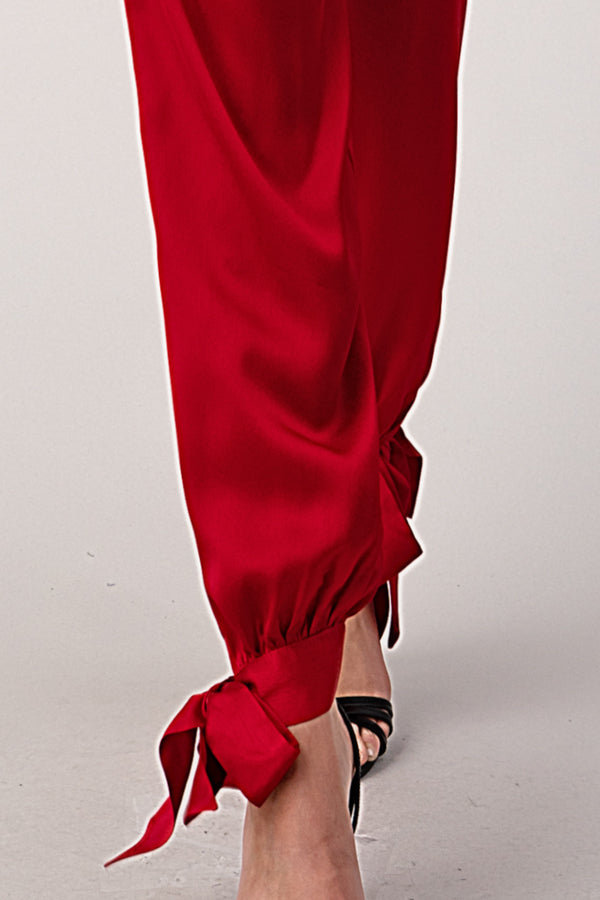 Deep V Ankle Tie Red Satin Jumpsuit