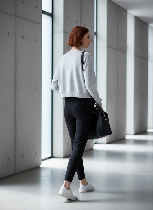 Side view of cropped lace-up sweatshirt showing relaxed fit and sophisticated silhouette in minimalist setting