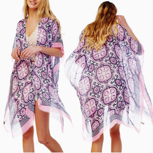 Talavera print kimono cover-up in lavender and pink colorway with geometric pattern