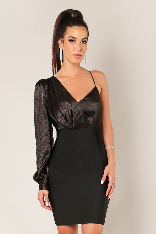 Animal Print One-Shoulder Satin & Bandage Mini Dress - Black
