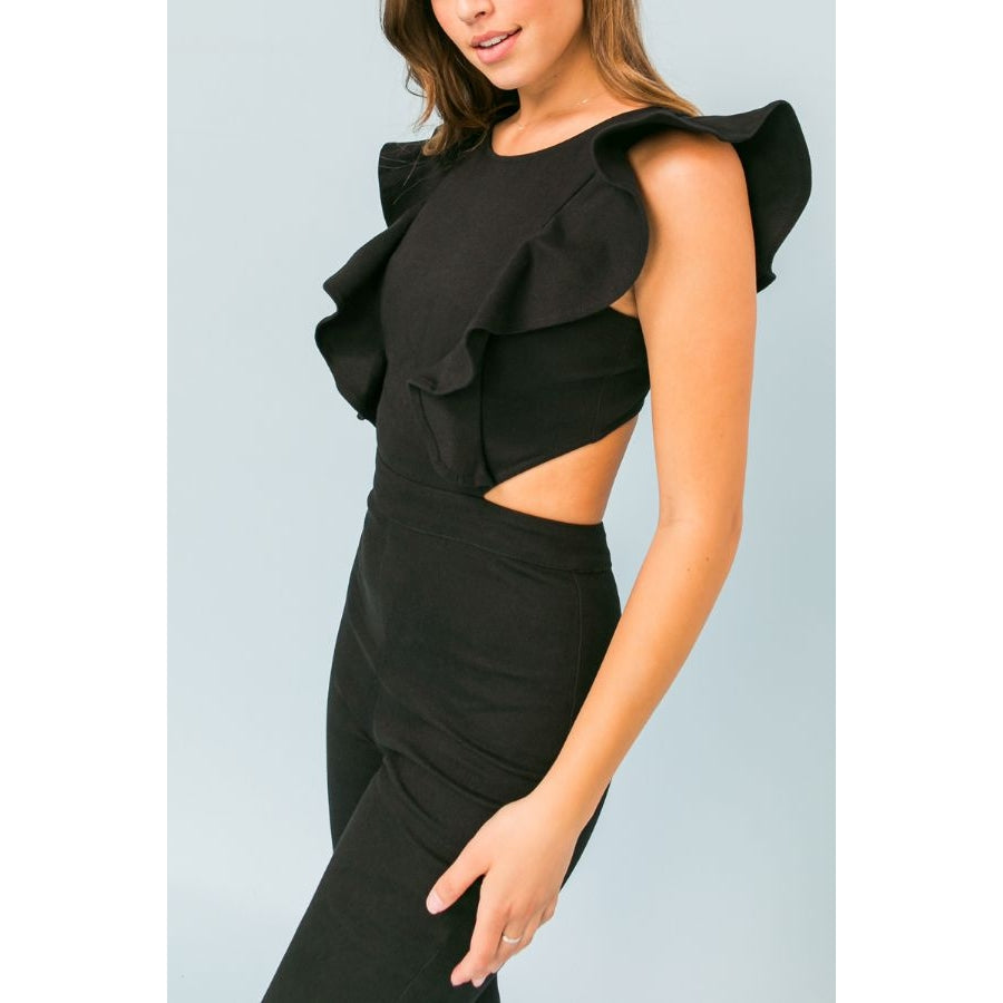 Black Flared Stretch Denim Jumpsuit with Ruffle Detail