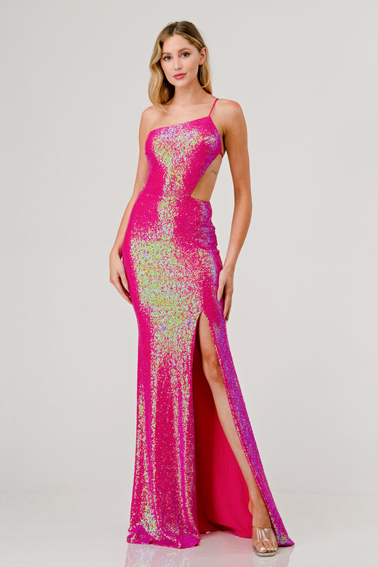 Fuchsia Sequin Asymmetrical Mermaid Gown
