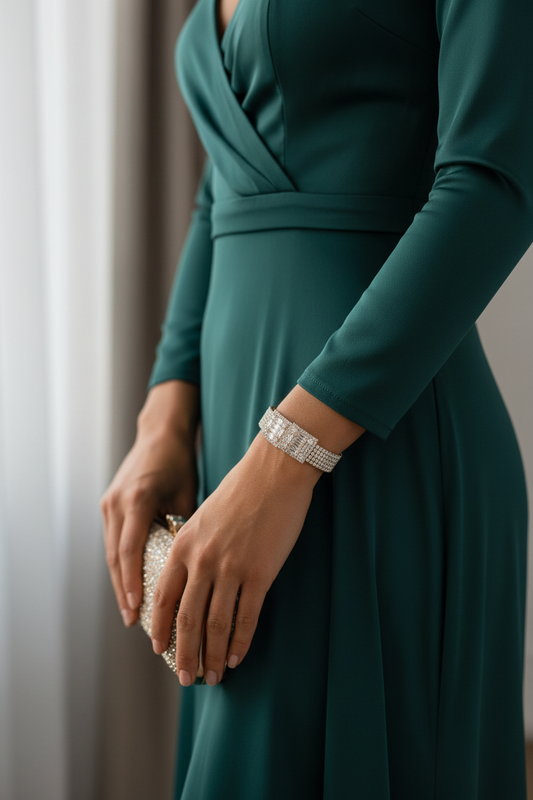 Woman wearing gold crystal block bracelet with rectangular rhinestone centerpiece, elegant styling, natural lighting, contemporary sophisticated aesthetic