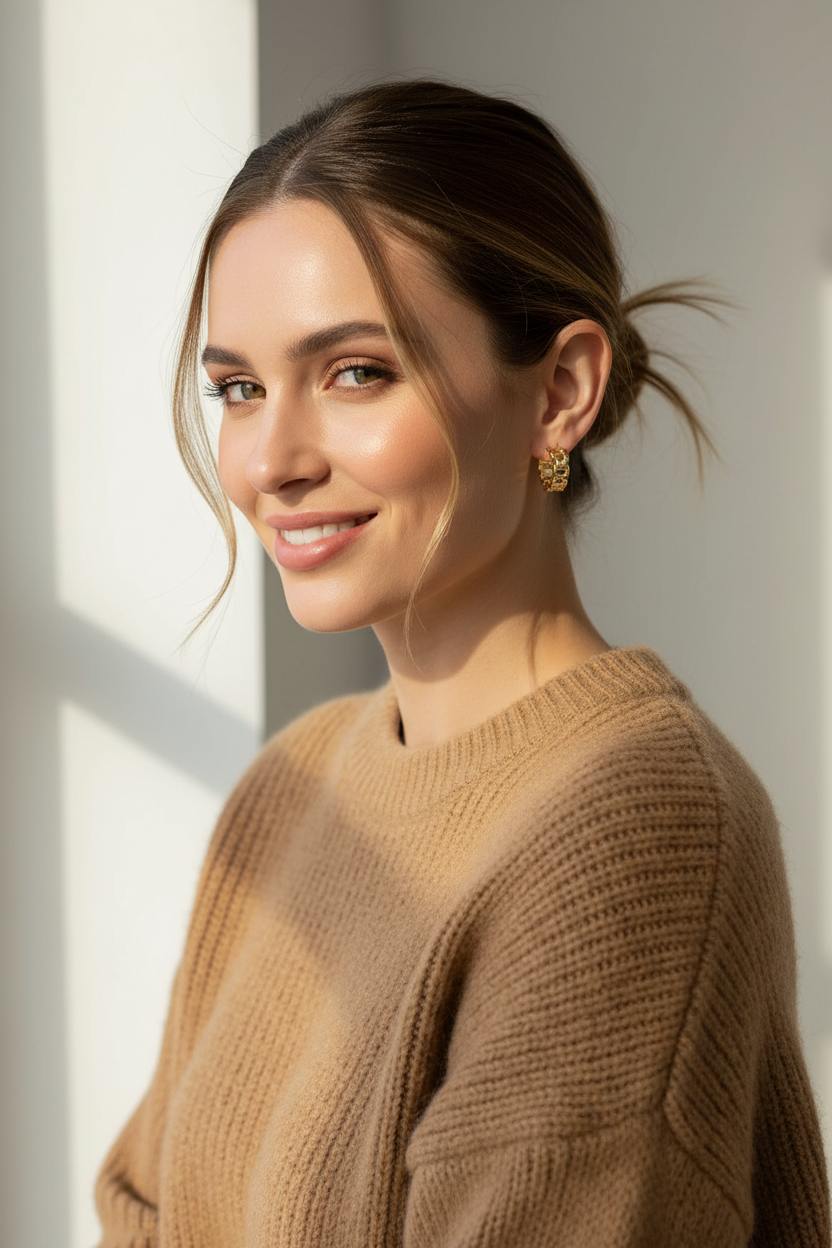 Woman wearing small gold chain link hoop earrings (0.75 inches) with camel sweater, hair pulled back, natural smile, soft lighting, showing accurate proportionate size