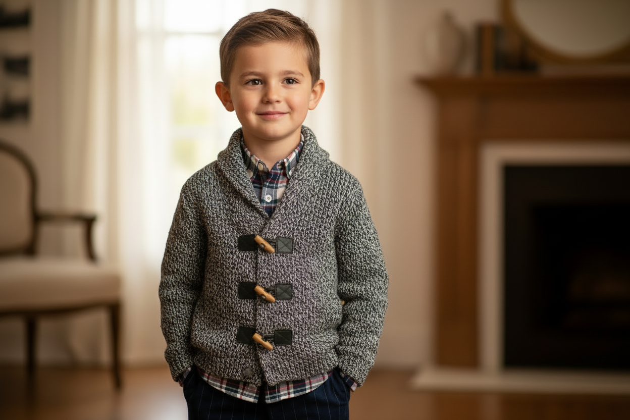 Lifestyle image of boy in cardigan with 3 toggle closures