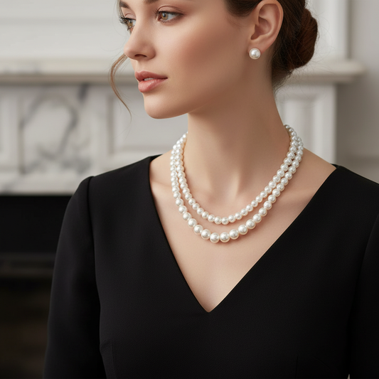 Lifestyle image of pearl necklace and earring set with correct sizing