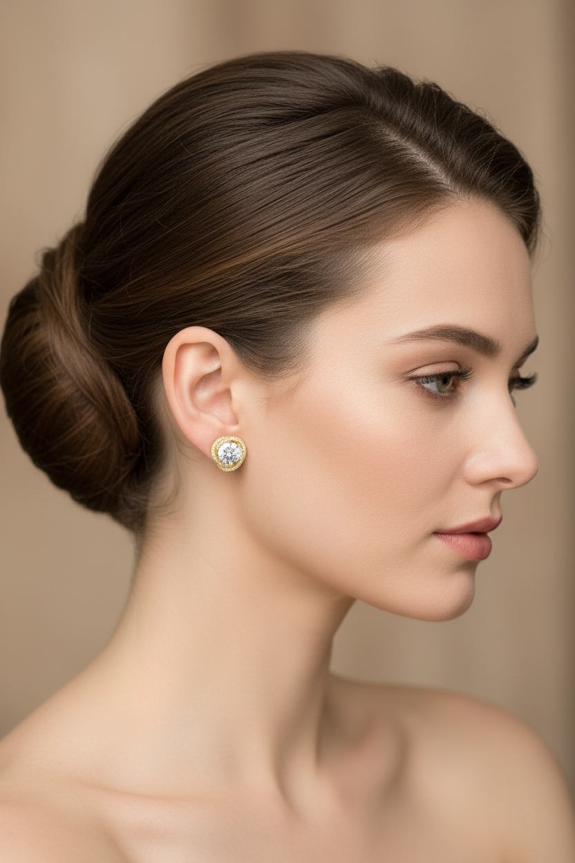 Lifestyle image showing delicate yellow gold plated CZ clip-on earrings