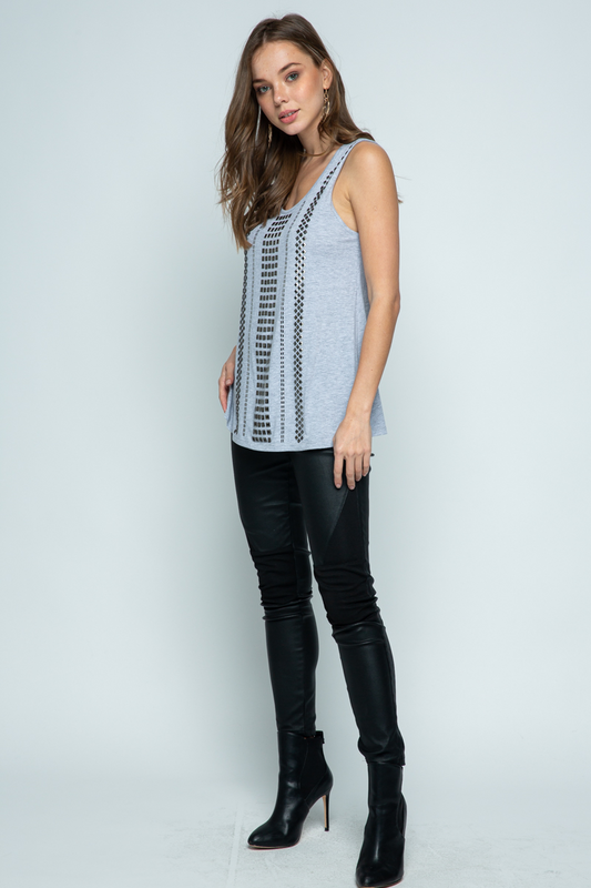 Heather Grey Sleeveless Scoop Neck Top with Stud Embellishment