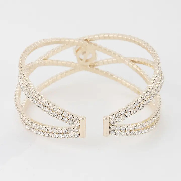 Gold Rhinestone Cuff Bracelet β Statement Jewelry with Crystal Center